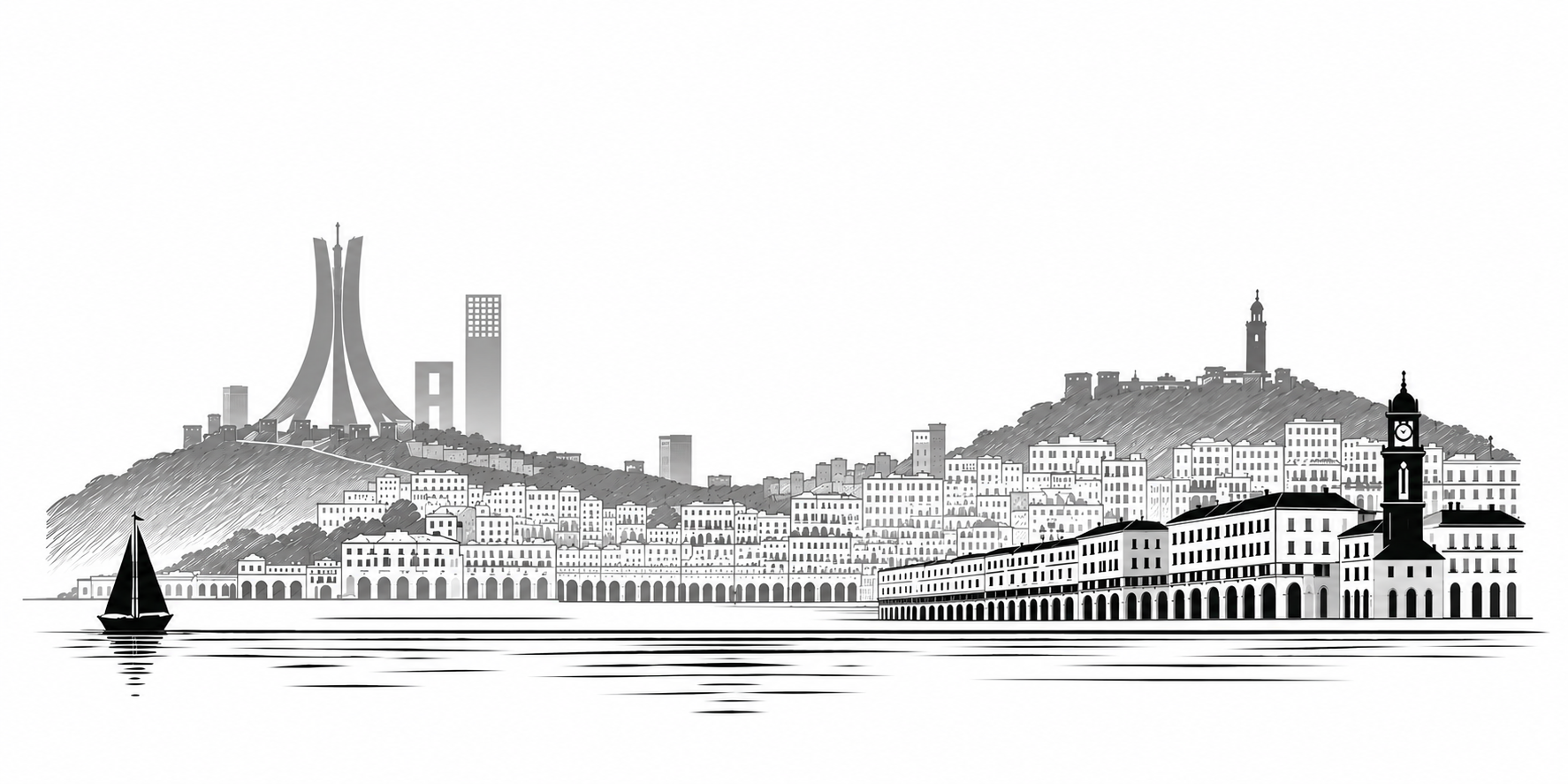 Silhouette graphique de la skyline d’Alger dessinée à l’encre sur fond blanc : voilier sur la baie, Maqam Echahid sur les hauteurs, bâti dense et tour de l’horloge
